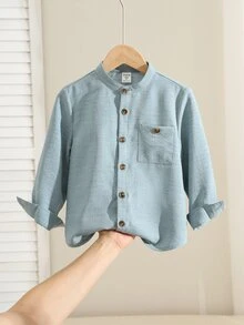 SHEIN 小男孩休閒百搭學院風長袖立領襯衫 - 藍色 - 查看 1