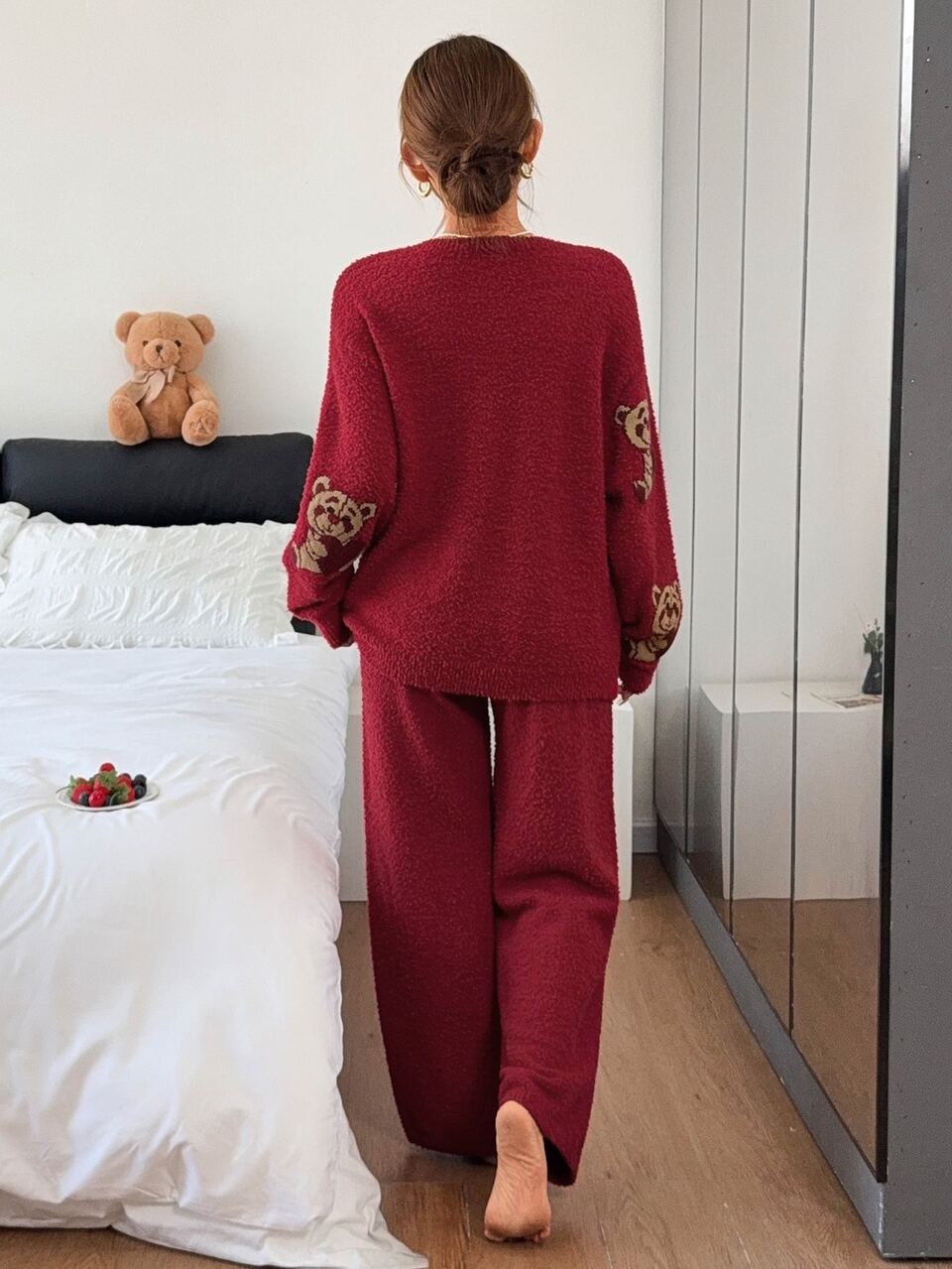 2pcs/Set Women's Loose Knit Long Sleeve Long Pajama Pants With Bear Pattern, Autumn/Winter Sleepwear Set