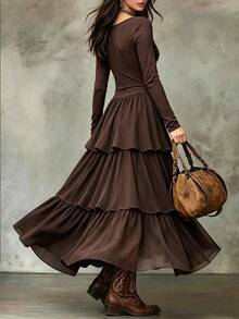 Balvessa Vacation Casual Boho Multi-Layer Long Dress Vacation Dark Brown Autumn - Brown - View 2