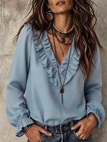 Trelyra Regular Women's Ruffle Long Sleeve Top - Blue - View 1