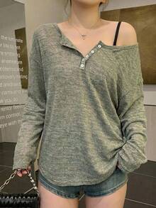 REIGN AVE Floral Yarn Half-Open Front Loose Korean Style Long Sleeve Spring/Autumn New T-Shirt - Army Green - View 4