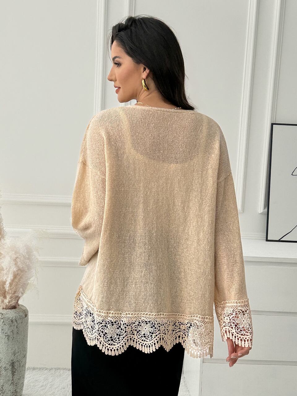 Elegant Chic Casual, Lace Patchwork Ruffle, Knit Cardigan, Soft Beige Apricot, Loose Open Front, Office Work Party, Wedding Guest, Fall Winter