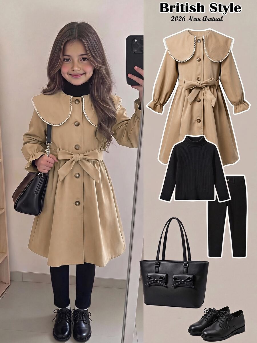 SHEIN Young Girl French Style Loose Double-Breasted Lapel Long Trench Coat, Casual Military Style, Suitable For Commuting And Outdoor Wear, All-Season; Perfect For Creating Y2K Style, Suitable For Daily And Personalized Looks