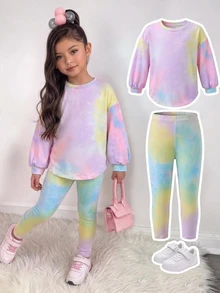 2pcs/Set Young Girl Fashion Casual Drop Shoulder Ribbed Knit "Smiling Face" Pattern T-Shirt & Leggings Pink Set - Comfortable Autumn Ribbed Knit Casual Outfit For Girls - Multicolor - View 9
