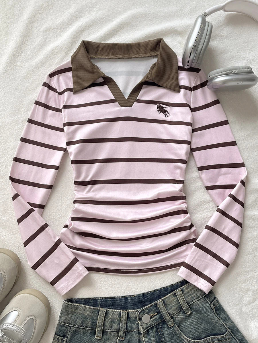 SHEIN Tween女孩秋冬休閒優雅復古學院風粉色與棕色條紋POLO領抓皺腰長袖修身T恤,適合返校、秋冬出遊、日常穿著 - 粉色 - 查看 1