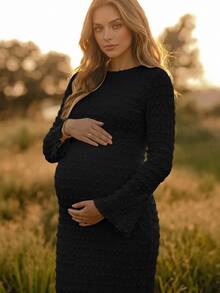 Boho Mama 孕婦純色圓領長袖修身優雅洋裝 - 黑色 - 查看 1