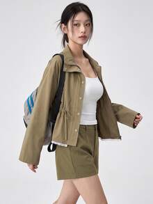 DAZY Lace Trim Drawstring Waist Sports Jacket Fall - Olive Green - View 7
