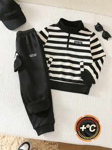 SHEIN 2件組小男孩休閒簡約條紋運動衫與長褲套裝，適合冬季 - 彩色 - 查看 4