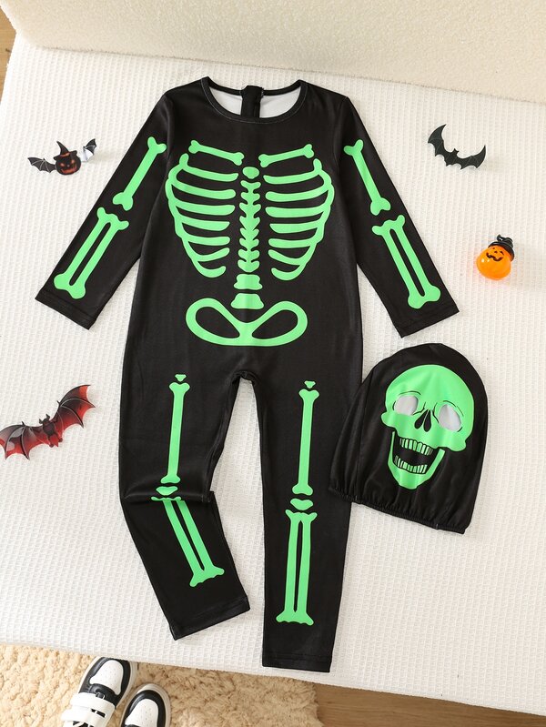 SHEIN Young Boy Simple Slim Fit Crew Neck Long Sleeve Jumpsuit With Glow-In-The-Dark Effect, Suitable For Autumn/Winter, Halloween, Party