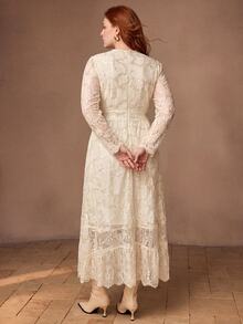 MOTF PREMIUM PLUS SIZE WOMEN'S LACE & PEARL CHAIN DECOR DRESS - Beige - View 5