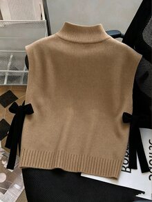 GlowEve 女款蝴蝶結裝飾休閒可愛學院風百搭日常穿著針織背心 駝色 秋冬日常上學穿搭 - 卡其色 - 查看 2