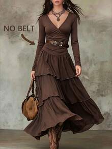 Balvessa Vacation Casual Boho Multi-Layer Long Dress Vacation Dark Brown Autumn - Brown - View 1