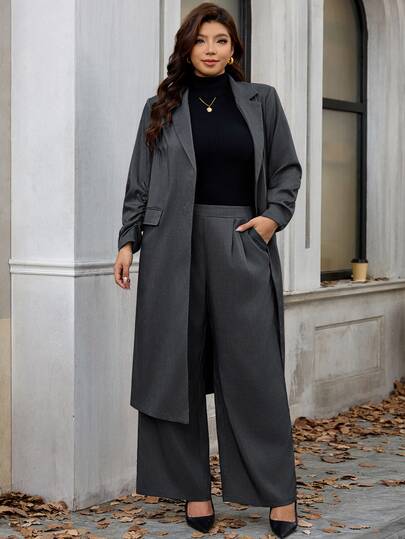 Chikora Plus Size Women Solid Color Long Sleeve Jacket And Pants Casual Commute Suit Set