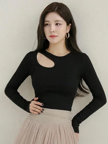 DAZY 女款素色休閒百搭日常長袖T恤 - 黑色 - 查看 11