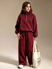 SHEIN 青少年女孩秋季套裝 半拉鍊寬鬆版型運動衫與運動長褲套裝，大尺寸風格，返校季，秋冬舒適 - 酒紅色 - 查看 5