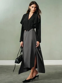 Aveloria Modichic Blazer Pendek 2-in-1 Kerah Hitam, Jaket Jas Kecil Lengan Panjang dengan Desain Syal untuk Makan Malam, Acara Malam, Musim Gugur, Gaya Prancis Elegan - Hitam - View 5
