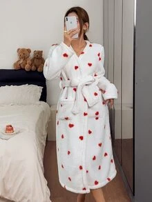 Napfluff Women's Heart Print Soft Plush Comfortable Long Sleeve Robe - Red - View 4