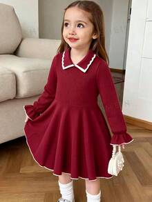 Elladie kids 女童拼色休閒日常夏季旅行洋裝 - 酒紅色 - 查看 1
