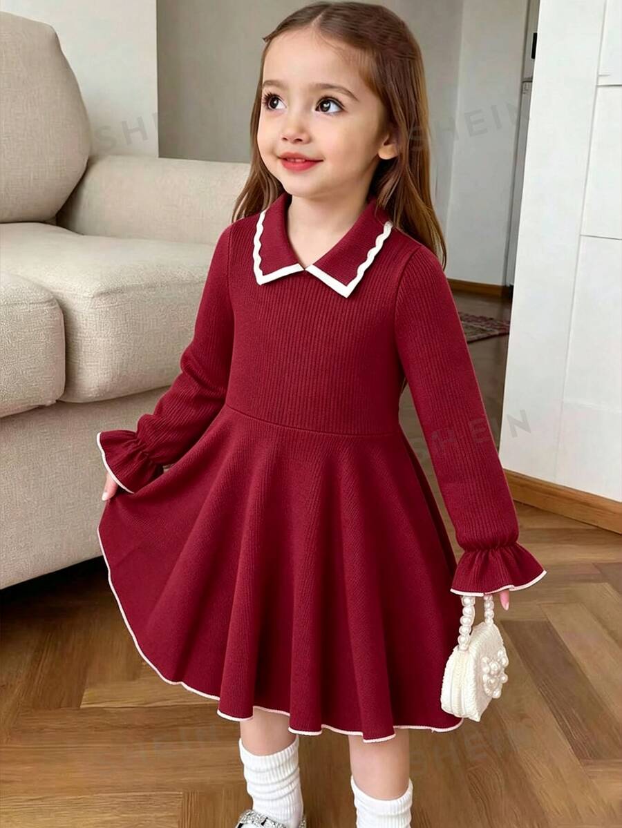 Elladie kids 女童拼色休閒日常夏季旅行洋裝 - 酒紅色 - 查看 1
