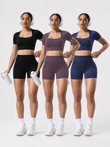 SHEIN Velisys 6pcs/Set Regular Fit Ribbed Square Neck Basic Black Navy Purple Sports Fitness Seamless Yoga Set - Multicolor - View 3