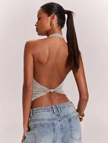 SHEIN BAE 女款針織純色淺灰色休閒通勤掛脖露背打結性感實用背心 T-shirt 寬鬆款，適合夜晚外出、夜店、夏季 - 灰色 - 查看 1