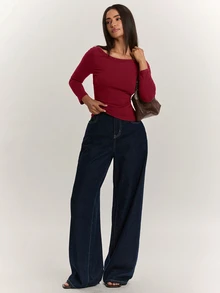 SHEIN BAE 女款優雅休閒日常軍綠色橄欖綠修身船領3/4袖上衣，棉混紡T恤，適合通勤、辦公室、秋季、基礎疊穿、外出穿著的綠色上衣 - 酒紅色 - 查看 3