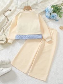 Elladie kids 女童韓系活力寬鬆灰色花卉衛衣 2合1蝴蝶結圖案 2件套 - 卡其色 - 查看 2