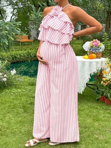 SHEIN Maternity Striped Floral Decor One-Piece Long Pants - Pink - View 3