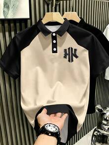 Manfinity Hypemode 美式復古做舊丹寧效果對比色 NY 字母印花 Polo 衫，有領休閒上衣，男女款圖案 T 恤，適合日常通勤與夏季休閒穿著 - 彩色 - 查看 4