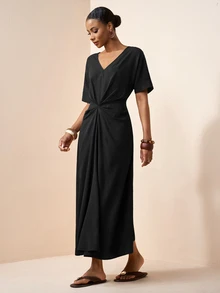 Zivah Spring/Summer New Casual Vacation Solid Color Knot Dress - Black - View 6
