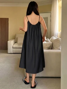 DAZY 夏季極簡風抓褶細肩帶中長洋裝女款居家服 - 藏蓝色 - 查看 2