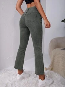SHEIN EZwear 女款休閒百搭日常旅行牛仔褲，附口袋與鈕扣設計 - 軍綠色 - 查看 2
