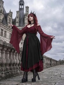 Whyspr Goth Plus Size Halloween Burgundy Patchwork Asymmetrical Hem Witch Camisole Tie-Up Dress - Multicolor - View 4
