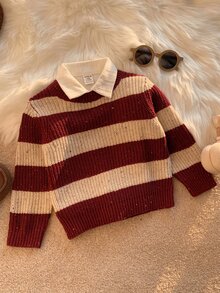 SHEIN 中性嬰兒男/女童、幼兒秋冬保暖內裡加厚可愛紅色條紋毛衣，嬰兒冬季毛衣，聖誕毛衣 - 紅色 - 查看 4