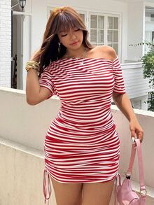 GalTyme 大尺碼女款條紋百褶休閒日常夏季洋裝 - 紅白色 - 查看 3