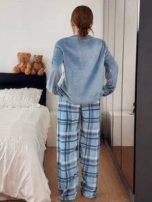 Napfluff Plaid Flannel Long Sleeve Pants Soft Plush Comfortable Pajama Set - Blue - View 2