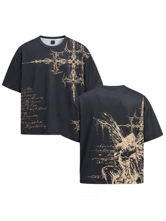 T-shirt à imprimé croix pour hommes - T-shirt décontracté style rue à manches courtes col ras-du-cou, mode d'été streetwear
