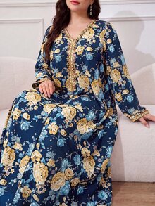 Al Najma 大尺碼女款 V 領花卉印花休閒派對阿拉伯風洋裝 - 藏蓝色 - 查看 1