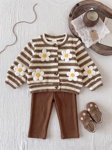 SHEIN Playful Pals 女童秋冬休閒羅紋針織前開扣花卉長袖彈性腰羅紋內搭褲套裝 - 棕色 - 查看 6