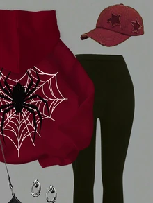 SHEIN Girlism 青少年女孩休閒極簡酷感愛心蜘蛛網與黑色蜘蛛圖案，復古深紅色，寬鬆套頭連帽衛衣舒適長袖運動衫與內搭褲2件套，適合秋冬舒適秋季與冬季風格，返校季，街頭風，新款 - 彩色 - 查看 5