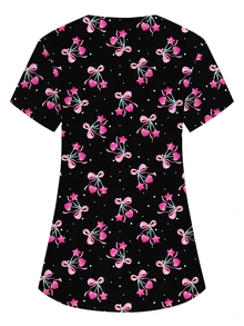 PopScrub Black V-Neck Short Sleeve Double Pocket Cute Heart Cherry Bow Cartoon Print Design Nurse, Lab, Doctor Work Uniform, Multi-Pocket Functional Holiday Top For Women - Black - View 2