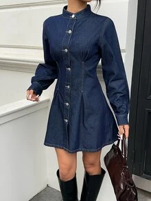 Siren Gaze Women's Long Sleeve Single-Breasted Casual Denim Dress, Fall Winter Elegant Denim Dress For Women, Stand Collar Mini Dress, Office Wear, Cute Dress. - Blue - View 7