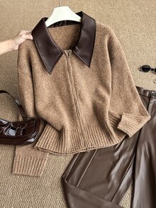 Grovea Plus Size Leather Collar Zipper Long Sleeve Knit Cardigan Drop Shoulder Knit Jacket Top, Autumn/Winter - Khaki - View 1