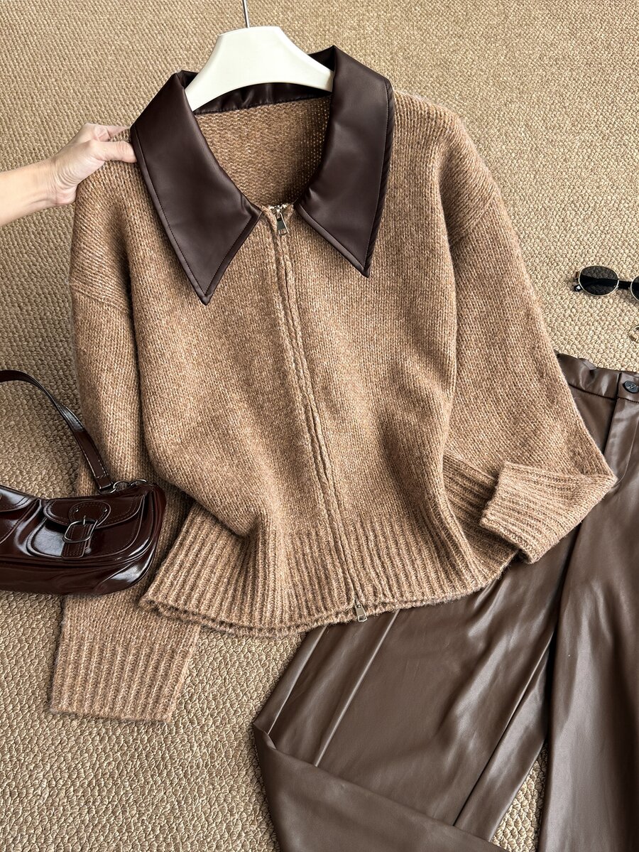 Grovea Plus Size Leather Collar Zipper Long Sleeve Knit Cardigan Drop Shoulder Knit Jacket Top, Autumn/Winter - Khaki - View 1