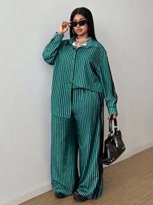 Maweii 秋冬條紋通勤簡約襯衫 寬鬆休閒印花大尺碼長褲 女款兩件套 - 墨綠色 - 查看 7