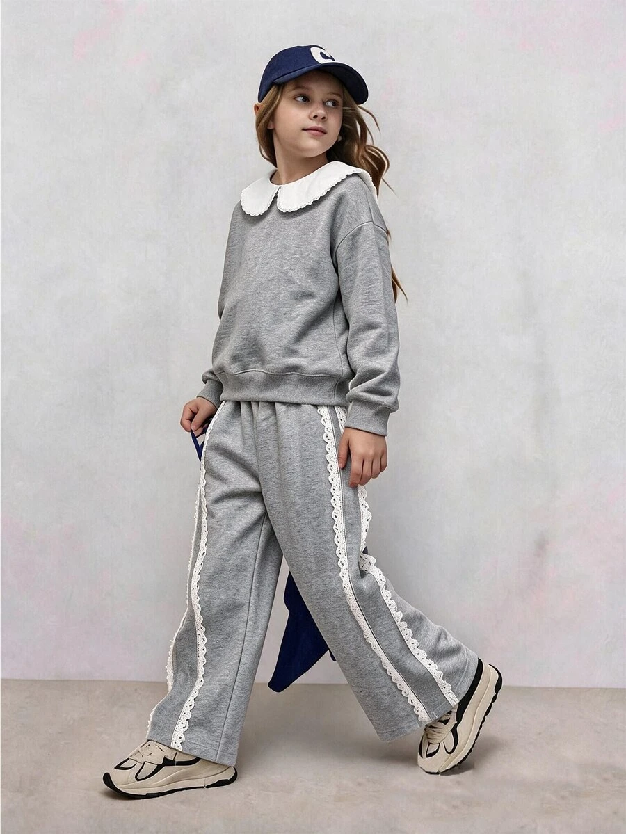 Tween Girls 2 Pieces Tracksuit Set, Lace Peter Pan Collar Cropped Sweatshirt With Side Lace Trim WideLeg Pants, Fall Clothes, Halloween, School - Grey - View 1