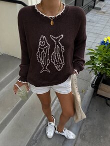 Muchica 女款魚紋休閒百搭日常穿著長袖針織衫 - 棕色 - 查看 5