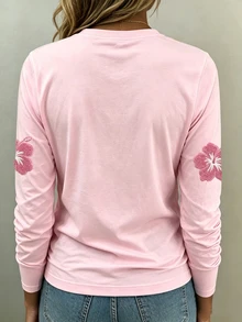 EMERY ROSE 大尺碼夏威夷花卉印花圓領長袖T恤，適合作為休閒禮物 - 粉色 - 查看 2
