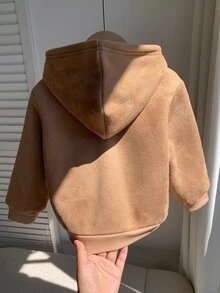 SHEIN 中性嬰兒男孩/女孩、幼兒秋冬超厚抓絨內裡連帽夾克，嬰兒加厚外套，冬季外套，絎縫外套，抓絨，加厚 - 棕色 - 查看 2
