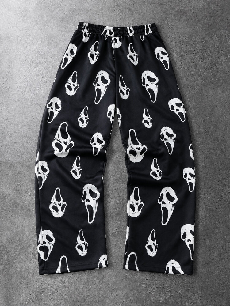 ROMWE MEN Street Life Men's Loose Fit Ghost Face Print Sweatpants - Black - View 2